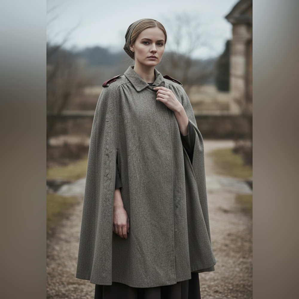 Vintage Wool Maxi Cape Military Style Nurse Aunt Lydia brown  L